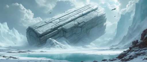 Prompt: A colossal, derelict monolithic structure of alien technology covered in intricate grooves and striations in the middle of a misty frozen land surrounded by ice cliffs. A turquoise, frozen lake. Wind blown snow. Flying alien spaceships. Clouds of swirling snow. Sunlight. A painting in the style of 19th-century realism.