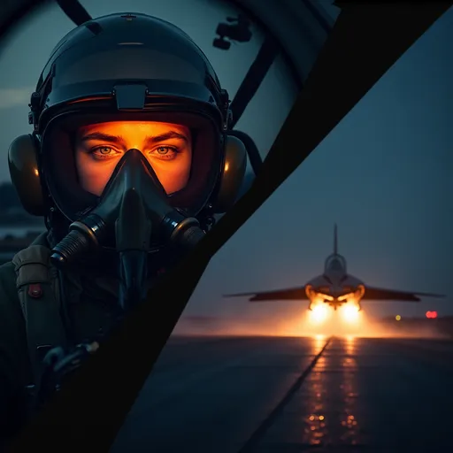 Prompt: An image split in half diagonally . In first half a Mig-21 pilot with oxygen mask on and helmet lluminated by the dashboard lights . In the other half a Mig-21 talking off on runway at night with afterburner on