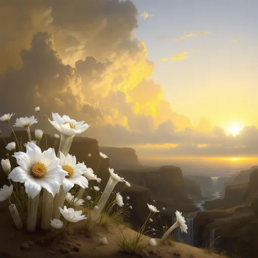 Prompt: White flowers growing inside of hundreds of transparent tubes impaled in sand dunes .The tubes are not cut horizontally at the top but are sliced at an oblique angle giving the tops an elliptical appearance . Sandy cliffs. Waterfalls. The most striking element is the sky . Thick, billowing clouds stretch across the sky, heavy and textured with tones of grey, brown, and hints of blue. These clouds seem to part just enough to reveal a glowing band of soft, golden-yellow light near the horizon, suggesting either a sunrise or a sunset. This light gently spills across the landscape, casting a muted radiance that enhances the depth and mystery of the scene. The style of 19th-century realism.