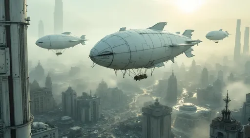 Prompt: An aerial view with three white post-apocalyptic zeppelins that have an unusual almost organic-looking envelope made of what appears to be stitched or patched-together material giving it a rugged improvised aesthetic . The zeppelins are suspended high by ropes above a post-apocalyptic dense suburbia with white futuristic buildings. Piles of waste . The atmosphere is polluted and full of white dust . The sun shines faintly through the white dust casting a dull eerie glow over the desolate scene . In the distance the towering futuristic buildings of the city can be seen .