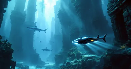 Prompt: A stunning and atmospheric underwater scene that depicts a sunken city submerged deep beneath the ocean. The perspective is looking down into the abyss emphasizing the vertical scale of the submerged architecture. The buildings resemble monumental, ancient scyscrapers with intricate stonework and columns now weathered and overtaken by the sea.
A sleek, futuristic underwater vehicle is gliding silently through the center of the image . This craft with its clean lines and glowing accents contrasts starkly with the decaying stone around it hinting at exploration or surveillance. The underwater vehicle is equipped with a spotlight casting a beam of light onto the submerged skyscraper ruins below. In the background large marine life such as sharks and various fish swim calmly through the scene. A particulary large shark is visible in the misty distance .
The lighting is cold and blue typical of deep-sea environments with particulate matter suspended in the water giving it a mysterious, dreamlike quality. The buildings are covered in algae , cracks and erosion idicating centuries of submersion. Blue mist.
Overall the image blends science fiction with a sense of lost civilization evoking a haunting yet beautiful underwater world-possibly the ruins of forgotten Atlantis or a post-apocalyptic city.