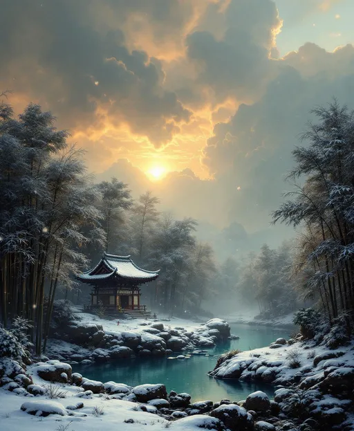 Prompt: A temple in the middle of a snow-covered bamboo forest. Mist. Snowflakes gently falling through the cold air covering the leaves and ground in white  .A serene, meditative atmosphere. A turquoise pond.  The most striking element is the sky . Thick, billowing clouds stretch across the sky, heavy and textured with tones of grey, brown, and hints of blue. These clouds seem to part just enough to reveal a glowing band of soft, golden-yellow light near the horizon, suggesting either a sunrise or a sunset. This light gently spills across the landscape, casting a muted radiance that enhances the depth and mystery of the scene. The style of 19th-century realism.
