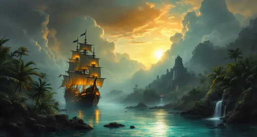 Prompt: A pirate galleon with glowing lanterns on a turquoise misty river in the middle of a lush tropical jungle with plants and palms. Mayan ruins . Waterfalls. The most striking element is the sky . Thick, billowing clouds stretch across the sky, heavy and textured with tones of grey, brown, and hints of blue. These clouds seem to part just enough to reveal a glowing band of soft, golden-yellow light near the horizon, suggesting either a sunrise or a sunset. This light gently spills across the landscape, casting a muted radiance that enhances the depth and mystery of the scene. The style of 19th-century realism.