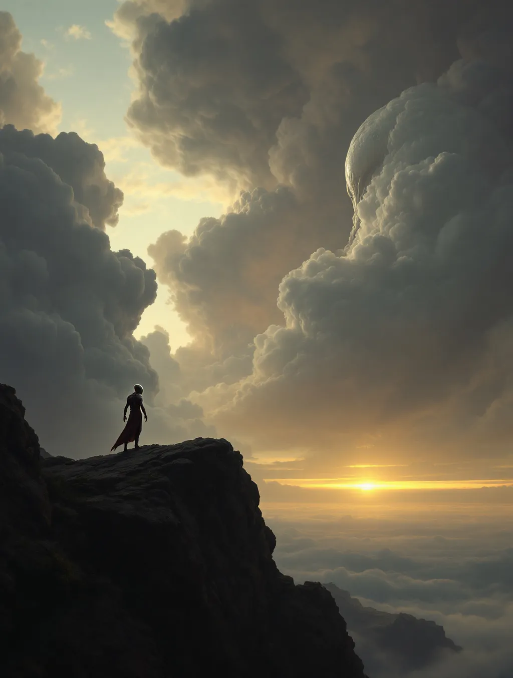 Prompt: An extraterrestrial humanoid warrior on a rocky cliff. A squid like extraterrestrial spaceship in the sky . Storm clouds .
The most striking element is the sky  . Thick, billowing clouds stretch across the sky, heavy and textured with tones of grey, brown, and hints of blue. These clouds seem to part just enough to reveal a glowing band of soft, golden-yellow light near the horizon, suggesting either a sunrise or a sunset. This light gently spills across the landscape, casting a muted radiance that enhances the depth and mystery of the scene.



