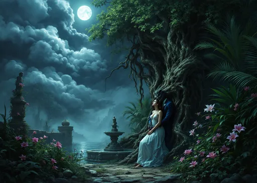 Prompt: A half-beast , half-human creature dressed in an elegant blue count's suit with a lace collar embeaces a beautiful barefoot woman in a nightgown under a massive , old , lush , gnarled tree in a wild , abandoned , forgotten garden with lush , wild, tropical plants flowers and palms , pink lilies , orchids a fountain with a statue overgrown with vegetation , lush wild mediterranean plants and ruins of  fortification . Shattered statues . Scattered rocks and debris .Giant , menacing , dark cloud looming omniously above the garden , shadowy tendrils emerging from the cloud threatening to engulf the garden , dramatic lighting casting sinister shadows , cold and eerie ambiance . Tension filled scene . Night . Mist . Moonlight .