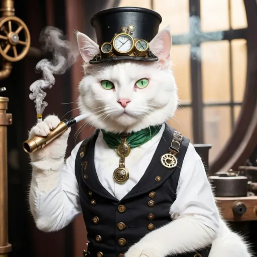 Prompt: a white cat with green eyes in a steam punk outfit with a pipe