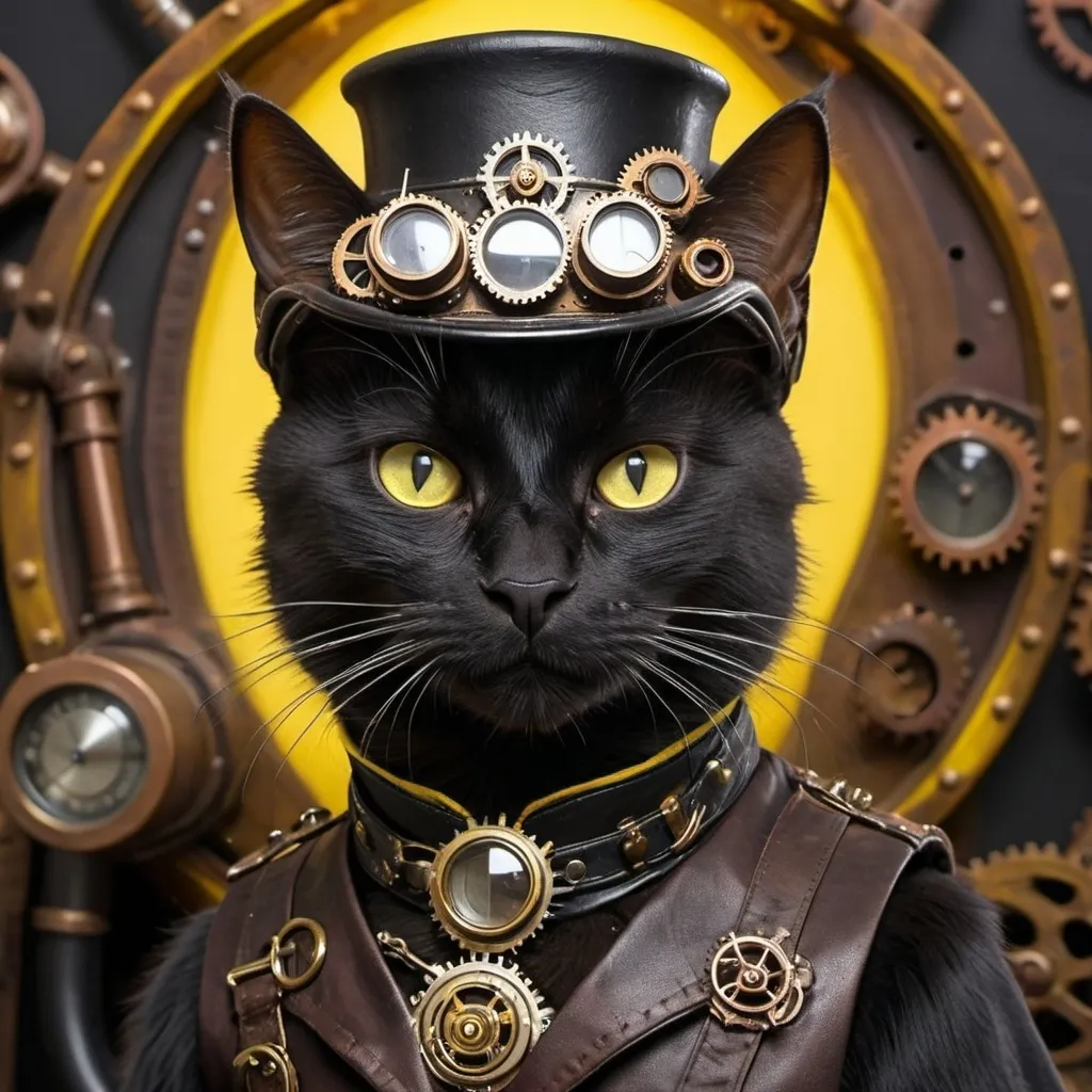 Prompt: a black cat with yellow eyes in a steam punk outfit