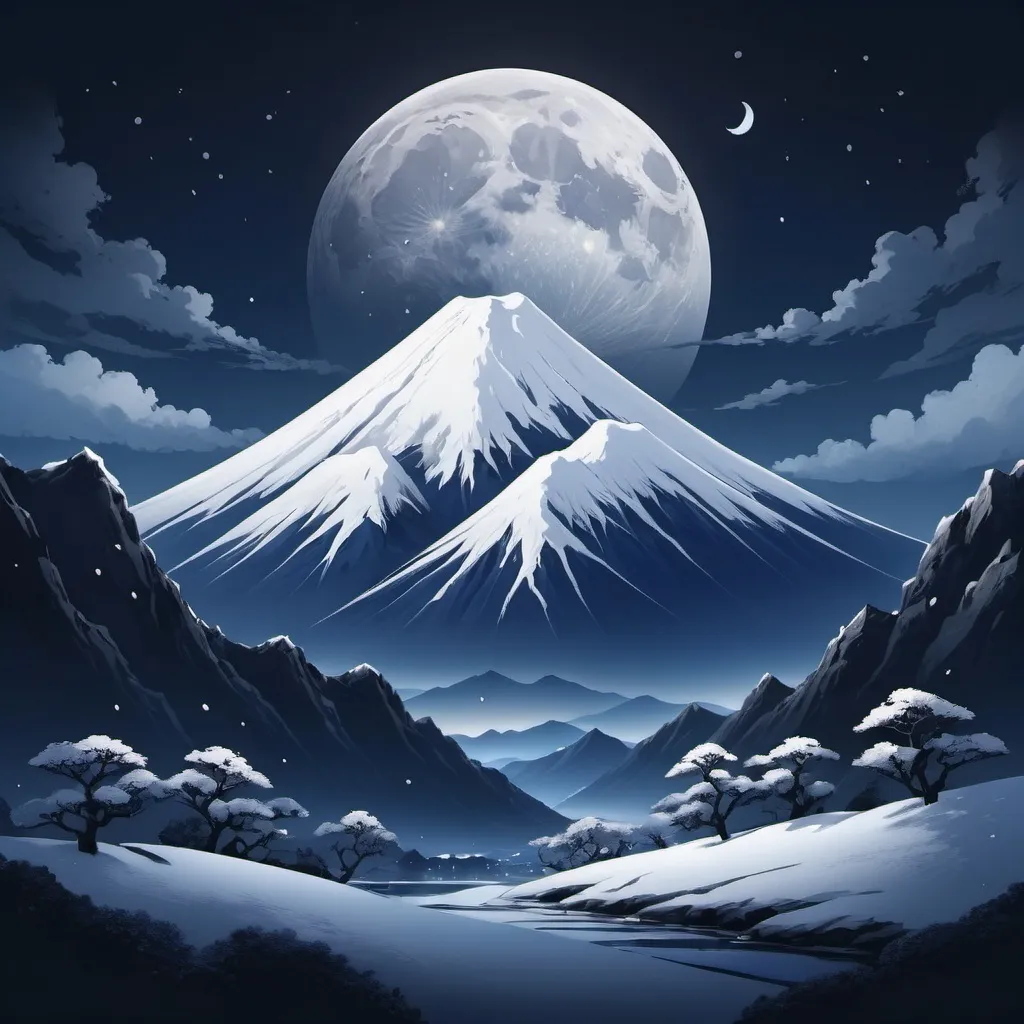 Prompt: simple japanese symbol with a snowy mountain in the night as background for a discord server