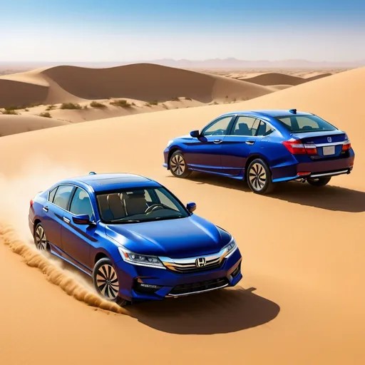 Prompt: (Honda Accord), sleek and stylish sedan, traveling along a vibrant Middle Eastern landscape, expansive desert scenery, golden sand dunes under a bright blue sky, warm sunlight casting dramatic shadows, heat waves shimmer in the distance, atmosphere of adventure and exploration, high quality, ultra-detailed, captures the essence of driving in a unique cultural setting. Realistic 