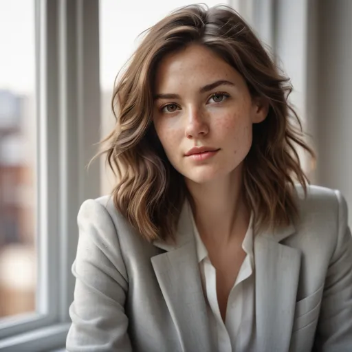 Prompt: Hyper-realistic portrait of a woman with medium-length, tousled brown hair, soft waves framing her face. She has a calm and confident expression, subtle makeup, and a natural complexion with a hint of freckles. She’s wearing a light gray blazer over a white top, seated by a large window with soft daylight casting gentle shadows. The background is softly blurred, giving the image a warm, serene atmosphere.

