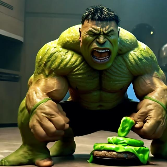 Prompt: dwayne the green hulk burger johnson licking on his feet