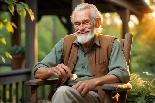 Prompt: Nestled in a tranquil setting, an elderly man with a gentle, joyful smile sits comfortably on a wooden rocking chair, bathed in warm, golden light from the setting sun. His wispy, white hair and full beard contrast softly against his light-colored vest and shirt, lending him a sage-like appearance. In one hand, he holds a gleaming coin, inspecting it with a sense of wonder and nostalgia, while his other hand rests casually on the armrest. The background features lush green foliage and hints of a cozy porch, enhancing the serene, reflective mood of the scene, as if the man is savoring a moment of cherished memories.