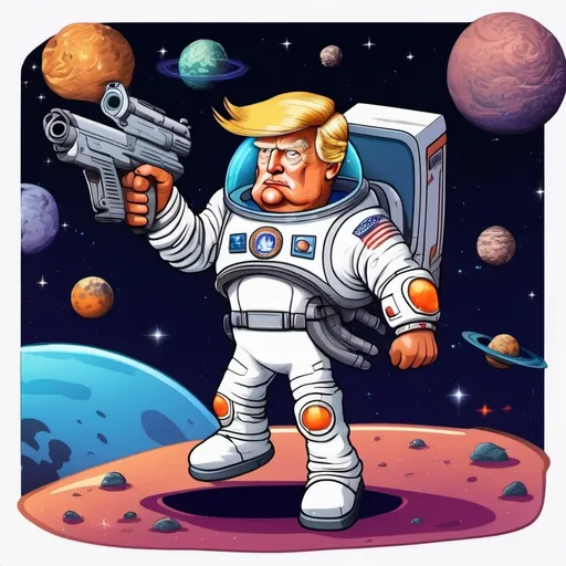 Prompt: Funny Cartoon  Space Trump Full body with space blaster pointing down