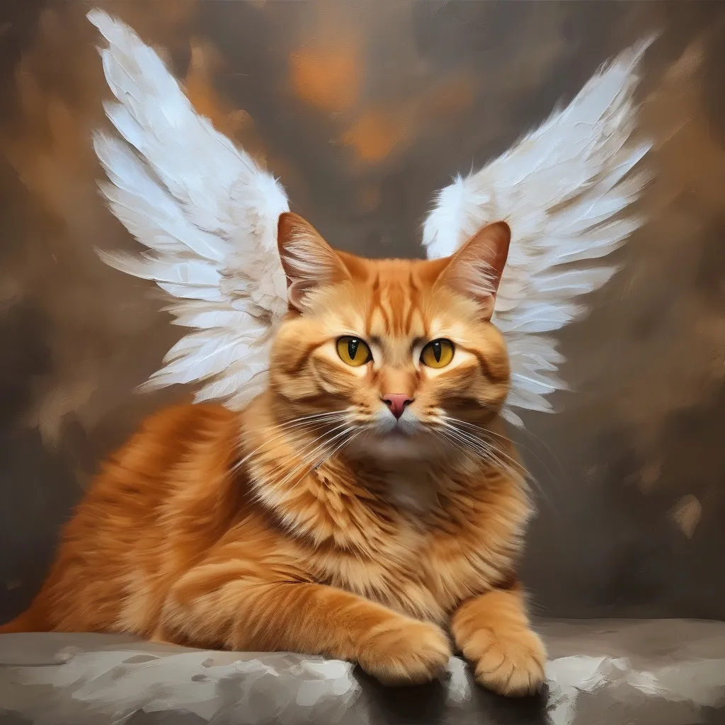 Prompt: oil paint a orange cat with angel wings.Warm lighting neutral backdrop