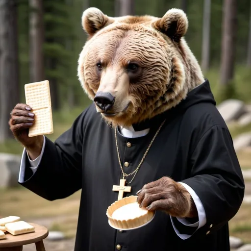 Prompt: HD Realistic Picture of a grizzly bear, dressed as a catholic priest, offering a communion wafer to us