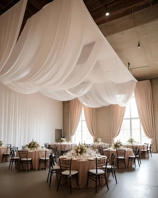 Prompt: wedding reception in big liminal space, fabric drapery hanging from the ceiling, elegant, minimalistic, detailed, highres