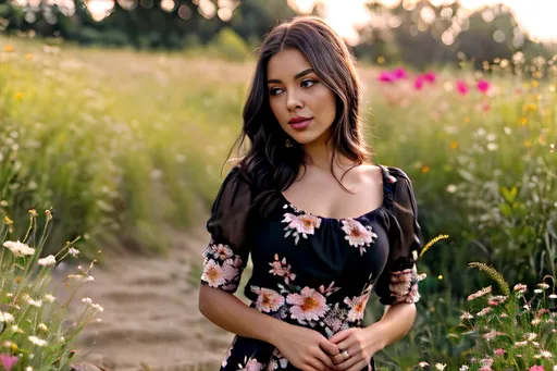 Prompt: award-winning full-length portrait of a dusky maiden, chic floral dress, outdoors, dainty bouquet of wildflowers, high-quality, oil painting, detailed floral patterns, serene atmosphere, elegant, natural lighting