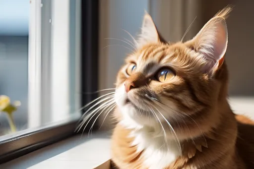 Prompt: Curious cat with wide eyes, staring intently at a fluttering butterfly, sunny window ledge, stock photo style, smart casual, diverse, relatable personality, cheerful muted color palette with texture, flickr, provia, minimal retouching, helsinki school, 1920:1080, highres, detailed eyes, natural lighting