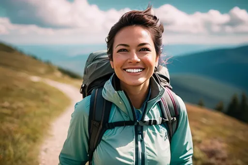 Prompt: Smiling woman portrait, hiking adventure, high trailing path, clouds on the horizon, smart casual style, diverse, relatable personality, cheerful muted color palette, texture, stock photo style, Provia, Flickr, minimal retouching, pleasant lighting, high quality