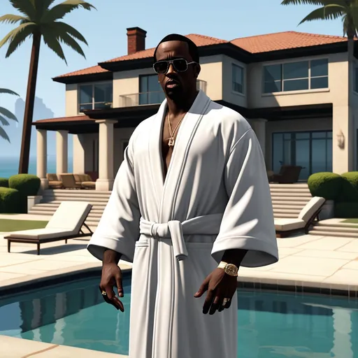 Prompt: p.diddy in a robe gta style graphics, standing in front of a mansion by a pool close to the beach