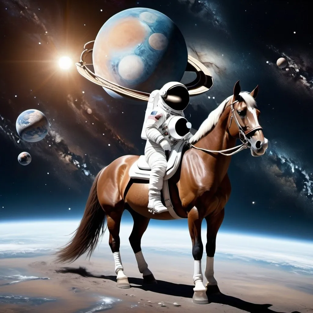 Prompt: Create a realistic image depicting a surreal scenario where a horse is riding an astronaut. The scene should be set in outer space, with a detailed backdrop featuring stars, planets, and distant galaxies. The astronaut should be in a highly detailed and accurate white spacesuit with a helmet, complete with visible reflections and textures. The horse should be realistically rendered, with a cosmic-themed saddle and bridle that complement the space setting. The overall image should maintain a high level of realism, despite the fantastical nature of the subject matter.