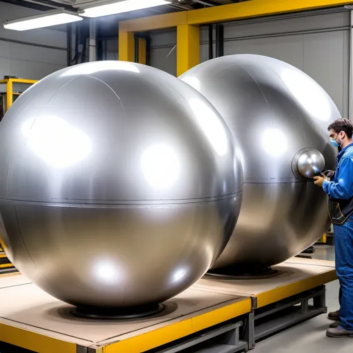 Prompt: laser welding the equatorial plane of 2 spherical halves of a 10 meter diameter aluminum sphere