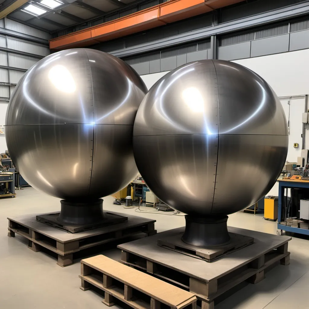 Prompt: 2 halves of a 10 meter diameter stainless steel sphere joined at the equatorial plane by a laser welder inside a holding fixture