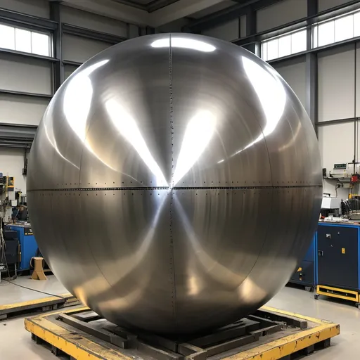 Prompt: 2 halves of a 10 meter diameter stainless steel sphere joined at the equatorial plane by a laser welder inside a holding fixture