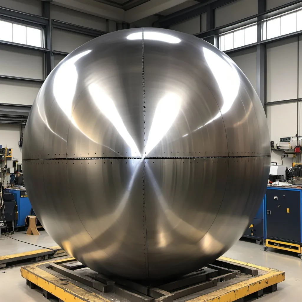 Prompt: 2 halves of a 10 meter diameter stainless steel sphere joined at the equatorial plane by a laser welder inside a holding fixture