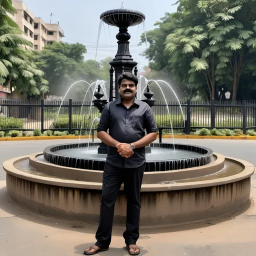 Prompt: a man standing on a sidewalk next to a fence and a fountain with a clock on it and a black fence, Bholekar Srihari, samikshavad, jayison devadas, a picture