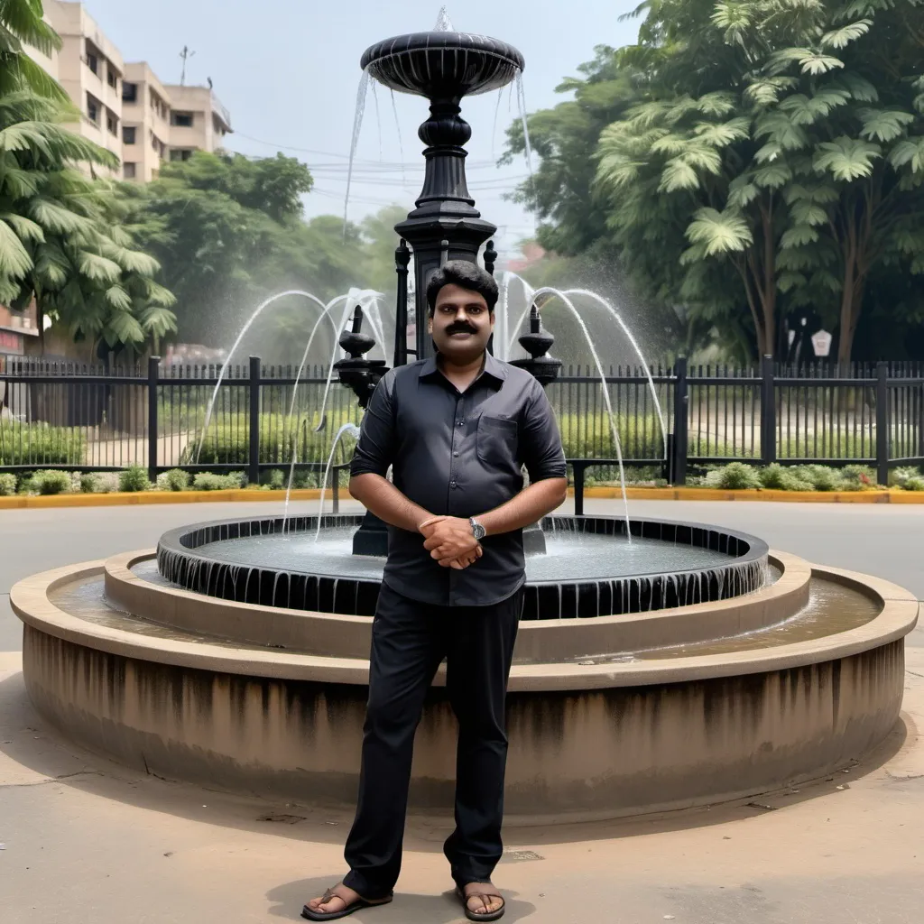 Prompt: a man standing on a sidewalk next to a fence and a fountain with a clock on it and a black fence, Bholekar Srihari, samikshavad, jayison devadas, a picture