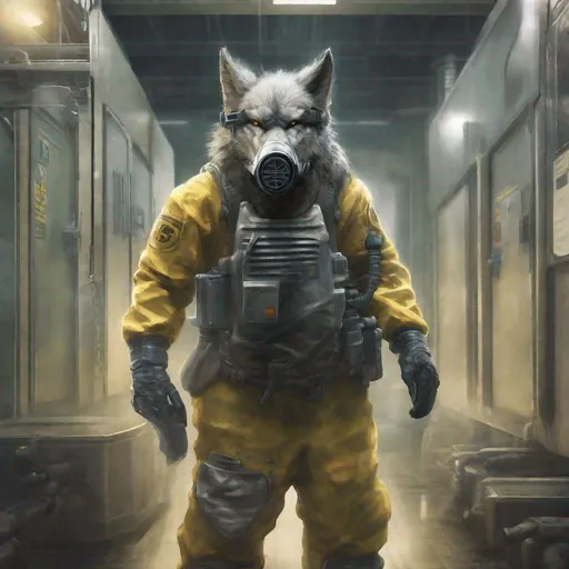 Prompt: anthropomorphic wolf in a hazmat suit with vast armor and wearing a gas mask that can fit front of it's face staying in a facility