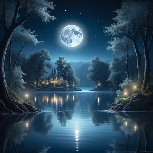 Prompt: A serene, moonlit lake in a magical forest, where the reflection of the moon reveals a hidden underwater city, illuminated by soft, ethereal lights.