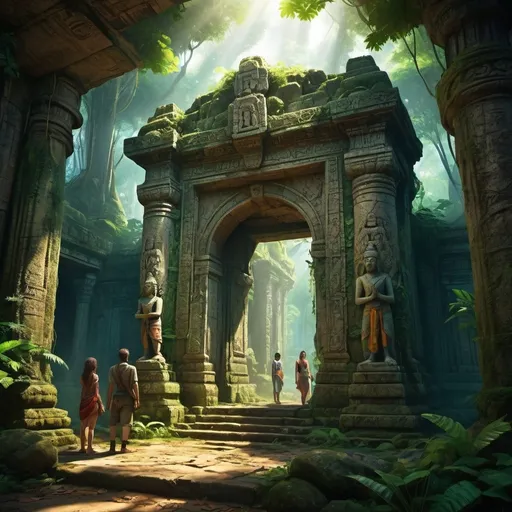 Prompt: A group of adventurers standing at the entrance of a forgotten temple hidden deep in the jungle, ancient statues and overgrown vines surrounding the mysterious doorway.