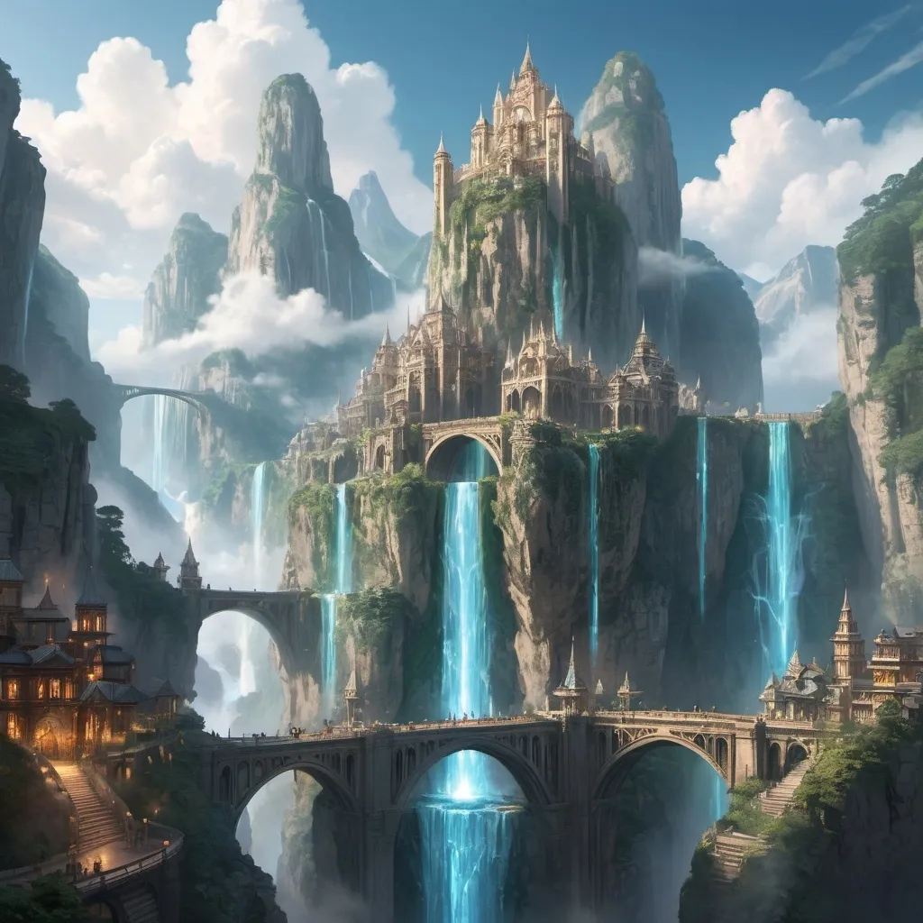 Prompt: A grand city built into the side of a towering mountain, with intricate bridges, cascading waterfalls, and glowing crystal spires that reach into the clouds.
