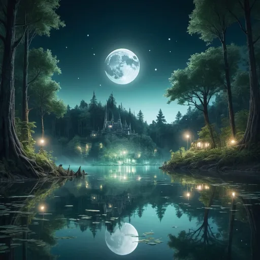 Prompt: A serene, moonlit lake in a magical forest, where the reflection of the moon reveals a hidden underwater city, illuminated by soft, ethereal lights.