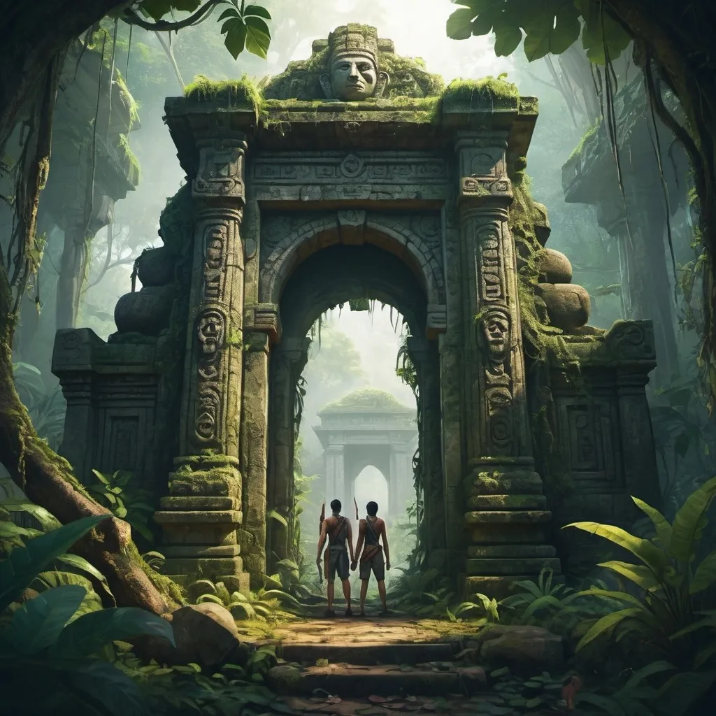 Prompt: A group of adventurers standing at the entrance of a forgotten temple hidden deep in the jungle, ancient statues and overgrown vines surrounding the mysterious doorway.