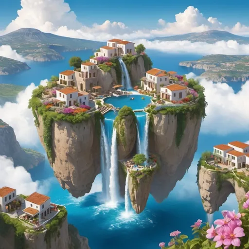 Prompt: floating islands in the sky, with waterfalls cascading into the clouds below, and a small greek village nestled among lush, vibrant greenery and flowers