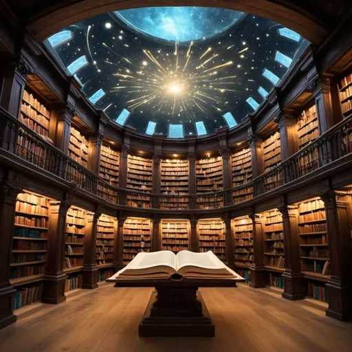 Prompt: A magical library where books float off the shelves and pages turn themselves, the air filled with glowing particles of knowledge and ancient wisdom.