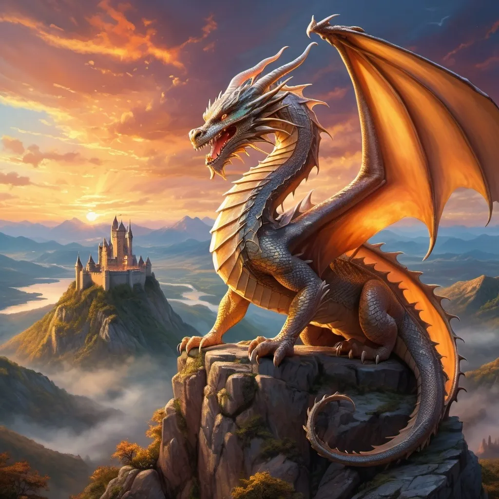 Prompt: A majestic dragon perched on a mountaintop, its scales shimmering in the light of a setting sun, with an ancient castle in the distance.