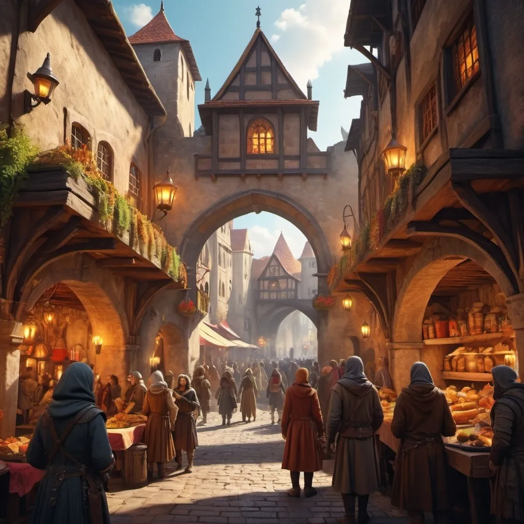 Prompt: A mystical portal opening in the middle of a bustling medieval marketplace, with curious onlookers gathering around as strange creatures and otherworldly landscapes are glimpsed through the gateway.