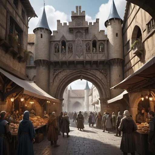 Prompt: A mystical portal opening in the middle of a bustling medieval marketplace, with curious onlookers gathering around as strange creatures and otherworldly landscapes are glimpsed through the gateway.