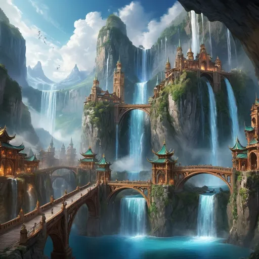 Prompt: A grand city built into the side of a towering mountain, with intricate bridges, cascading waterfalls, and glowing crystal spires that reach into the clouds.
