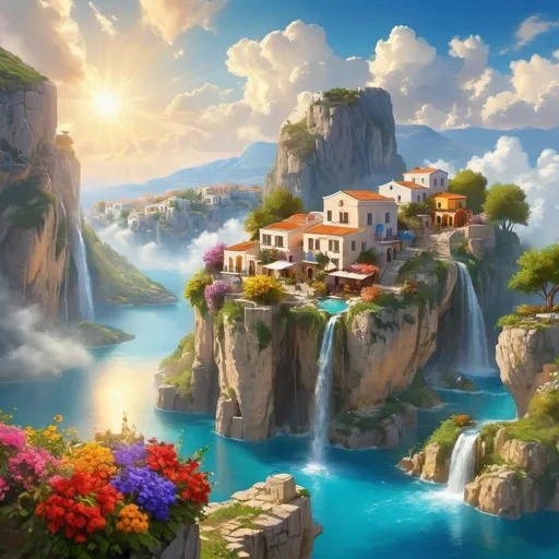 Prompt: floating islands in the sky, with waterfalls cascading into the clouds below, and a small greek village nestled among lush, vibrant greenery and flowers