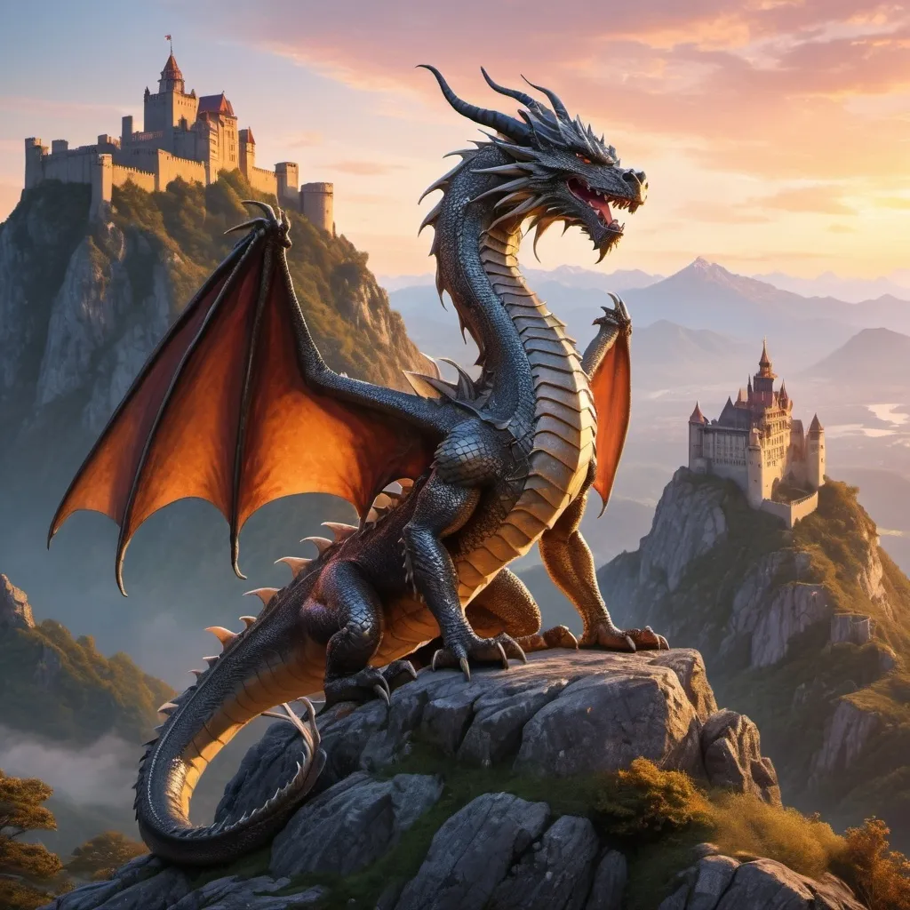 Prompt: A majestic dragon perched on a mountaintop, its scales shimmering in the light of a setting sun, with an ancient castle in the distance.