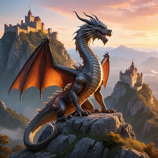 Prompt: A majestic dragon perched on a mountaintop, its scales shimmering in the light of a setting sun, with an ancient castle in the distance.