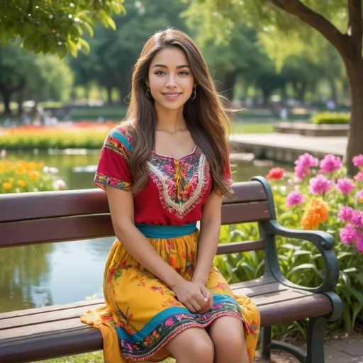 Prompt: Create a realistic image of a beautiful and attractive young woman in a park. She is sitting on a bench surrounded by lush greenery and colorful flowers. The sun is shining and giving her face a warm glow. She has long, flowing hair and is wearing a colorful traditional Guatemalan outfit. Her mini cut (similar to a miniskirt, dress) is short in many colors. Her expression is cheerful and serene as she enjoys the peaceful atmosphere of the park. In the background, there are trees, a small pond with ducks, and some people enjoying a quiet stroll. The overall scene should convey a sense of tranquility and natural beauty.