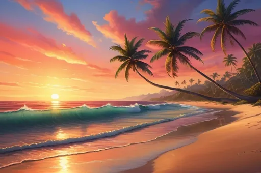 Prompt: Sunset beach landscape, calm ocean waves, sandy tropical shore, vibrant sunset colors, high quality, realistic, beautiful, warm tones, serene lighting