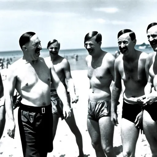 Prompt: hitler having a very fun time at the beach with his friends
