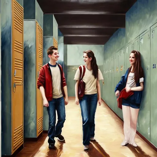 Prompt: Hallway conversation between two students, oil painting, school lockers, natural lighting, casual clothing, friendly atmosphere, high quality, realistic, warm tones, conversation, hallway, students, school, oil painting, natural lighting, vibrant colors, casual clothing, friendly atmosphere, realistic, high quality